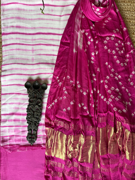 Pink & White Modal Silk Shibori Kurta with Bandhani Shibori  handcrafted Modal Silk Dupatta sbs-9