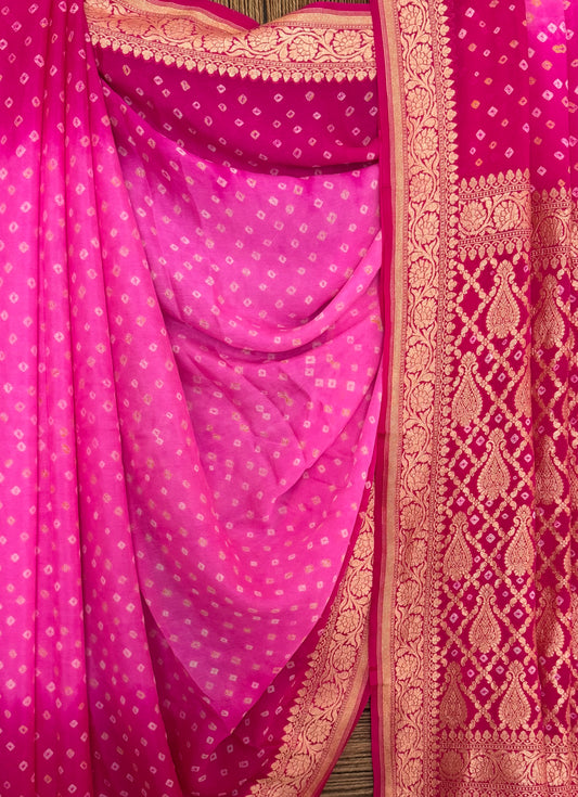 Pink handwoven neem zari bareek bandhani saree with khaddi georgette