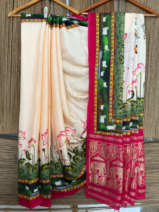 BARELY PEACH & PINK PATOLA MODAL SILK PICHWAI PRINT SARI WITH ZARI BORDER PMS-10154