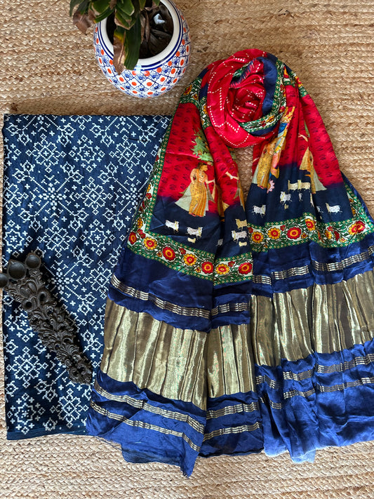 BLUE MASHRU SILK KURTA WITH PATOLA HANDCRAFTED MODAL SILK DUPATTA PS-1089