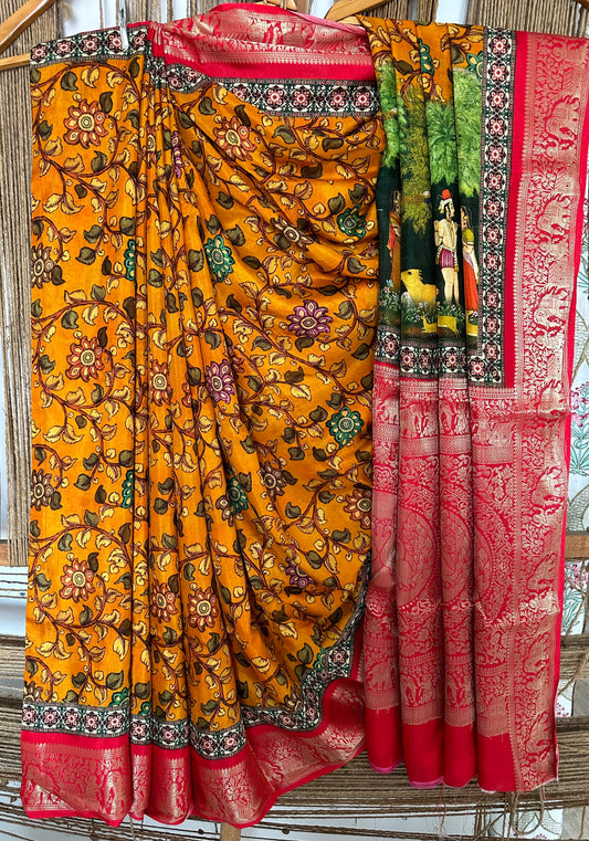 MUSTARD REDDOLA SILK PICHWAI PRINT ZARI BORDER SARI