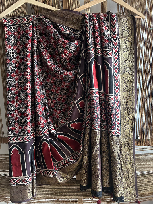 CHIKOO BROWN DOLA SILK AJRAKH ZARI BORDER SARI