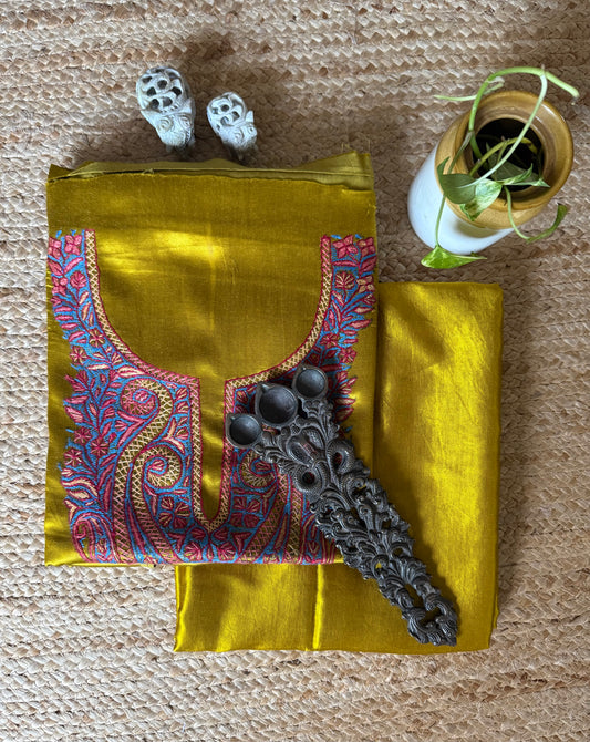 MUSTARD MASHRU SILK HAND EMBROIDERY KASHMIRI HANDEMBROIDERY SOZNI WORK CORD SET Cs-19