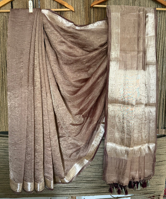 Coffee brown banarasi zari crushed tissue sari