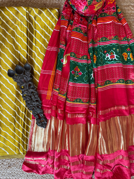 MUSTARD YELLOW LEHERIYA MASHRU SILK KURTA WITH PATOLA HANDCRAFTED MODAL SILK DUPATTA