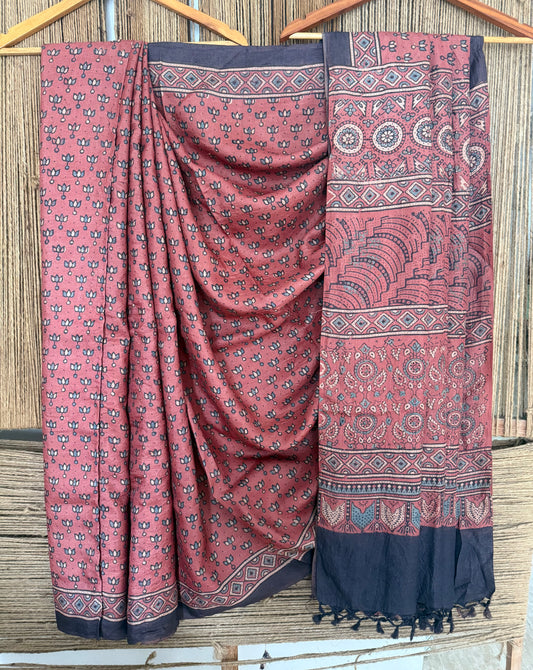 WATERMELON PINK AJRAKH TUSSAR HANDLOOM SILK SARI WITH BORDER TAS 3