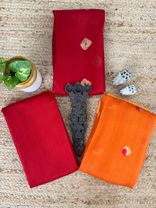 Red kora silk certified handloom banarsi kadwa booti meenakari three piece suit