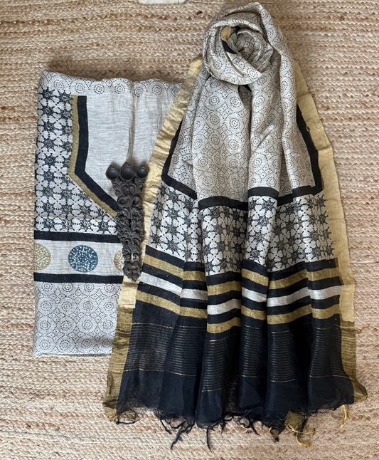 BEIGE AJRAKH BUTTA LINEN SILK HANDBLOCK SUIT SET