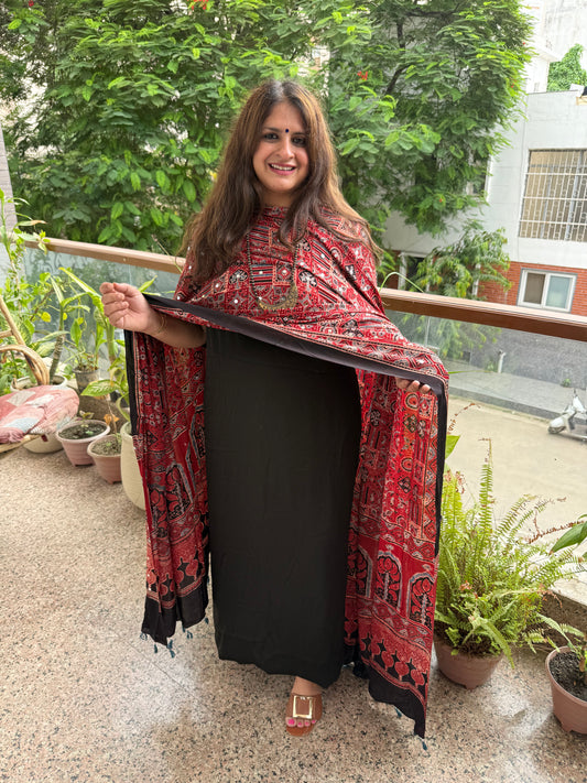 Black Modal Silk Kurta With Maroon Ajrakh Handcrafted Mirror Work Modal Silk Dupatta