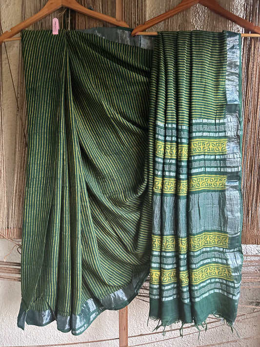 GREEN AKOLA LINEN ZARI WOVEN HANDBLOCK SARI