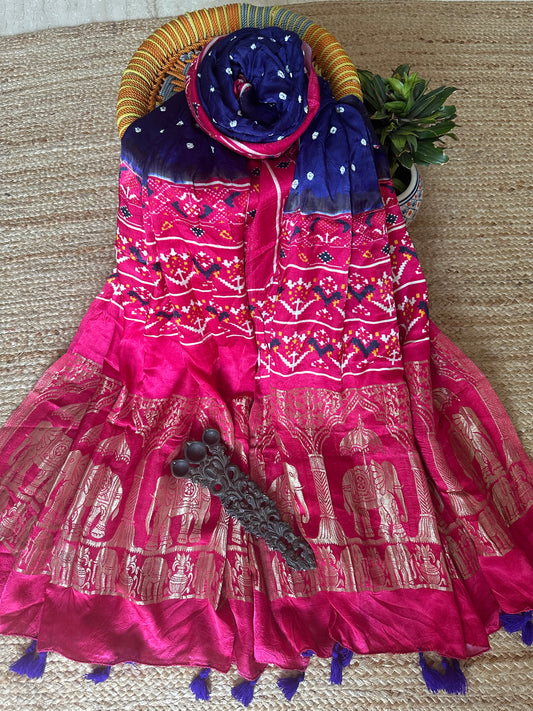 TRYPAN BLUE MODAL SILK BANDHANI DUPATTA WITH PICHWAI PRINT IN NAKSHI BORDER