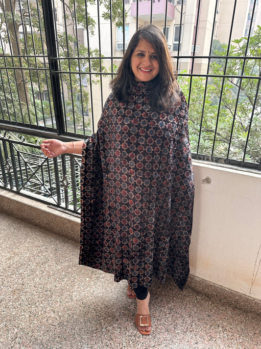 Black geometry Beautiful handcrafted Ajrakh Silk Velvet Kurta