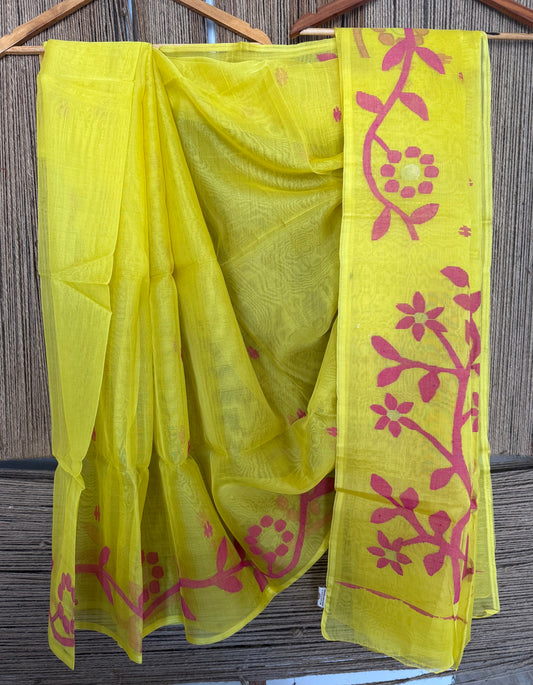 SUNSHINE YELLOW JAMDANI HANDWOVEN PURE MUSLIN SILK SARI MJS-9