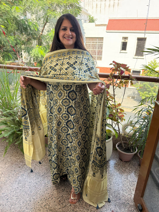 BEIGE AJRAKH MODAL SILK HANDBLOCK KURTA SET