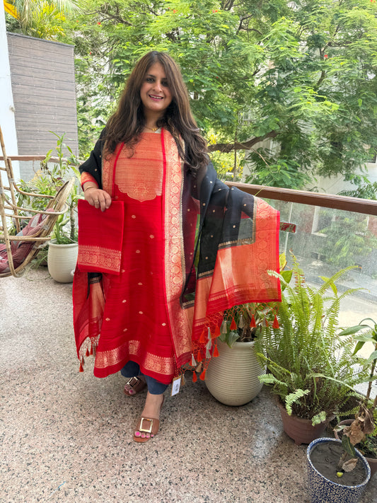 Cherry red raw silk certified handloom banarsi kadwa butti with woven zari three piece suit