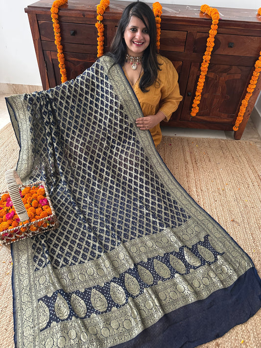 Prussian blue Handwoven NeemZari Bareek Bandhani in Khaddi Georgette dupatta BD-1018
