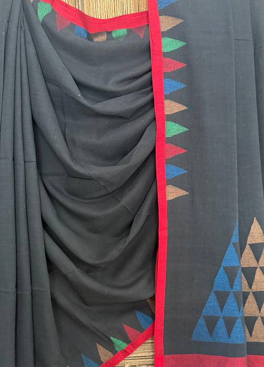 Black handloom cotton needle jamdani wove sari