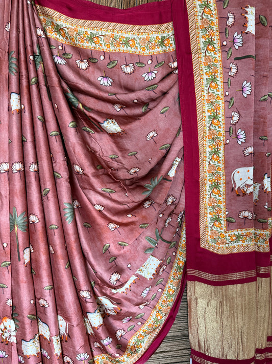 Light maroon pichwai modal silk print sari with zari border pms- 1033