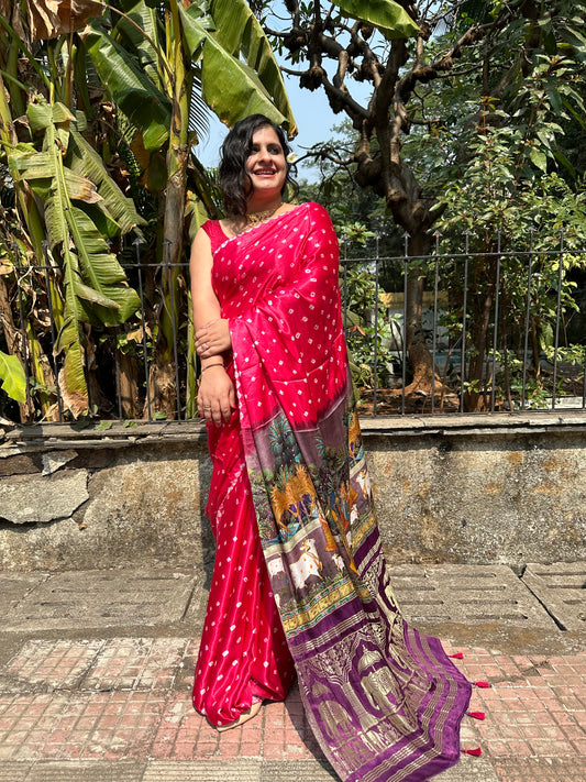 MAGENTA PINK MODAL SILK BANDHANI  SARI WITH PICHWAI PRINT BPS 16