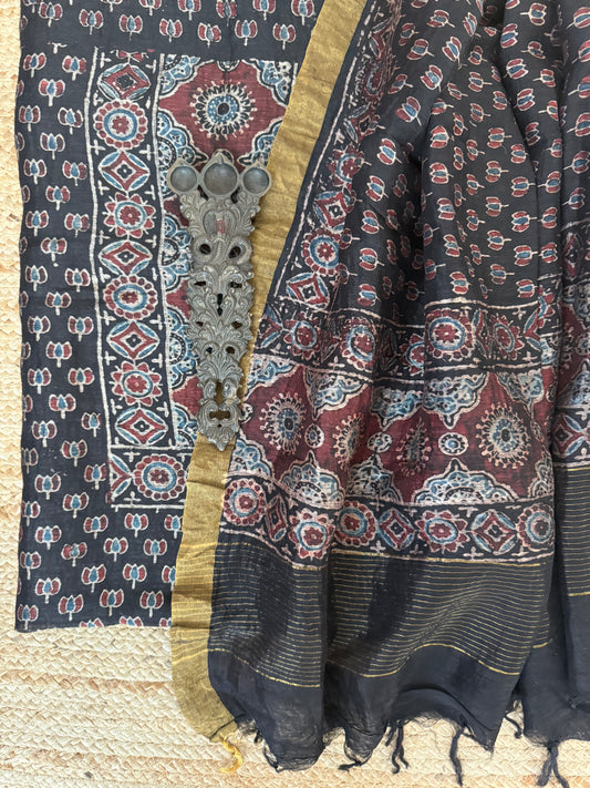 NOOR AJRAKH BUTTA LINEN SILK HANDBLOCK SUIT SET AL-1014