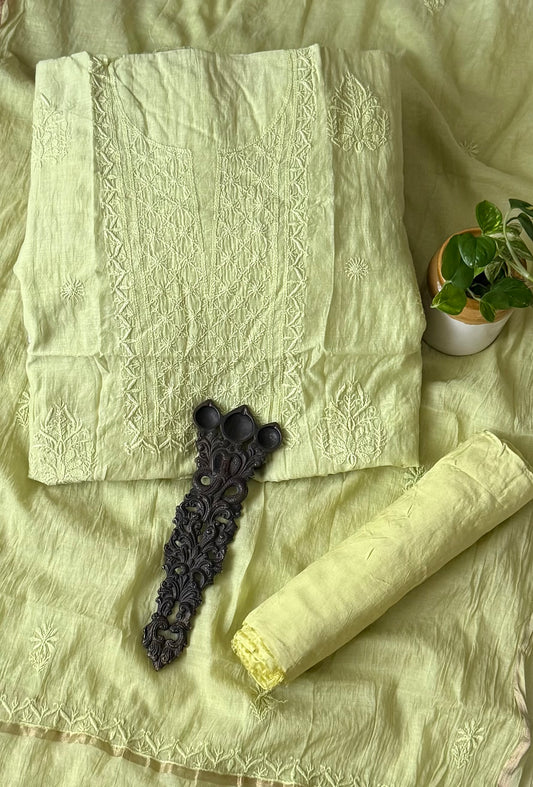 Pastel green premium chanderi cotton lucknowi chickenkari hand embroidery three piece suit
