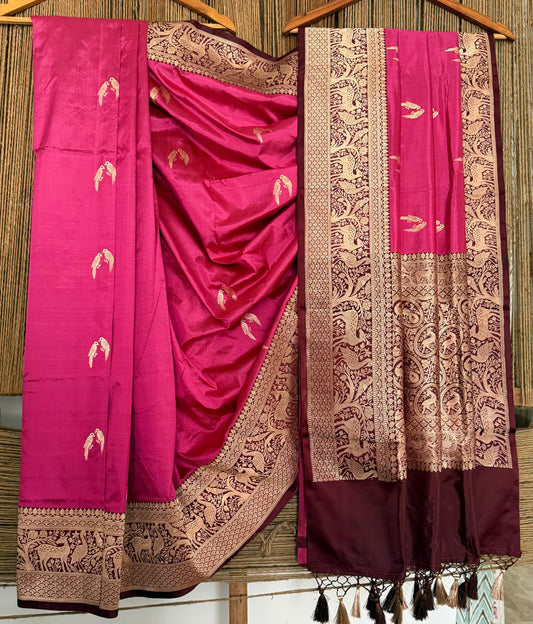 French Pink Katan silk certified handloom banarsi sari with woven zari