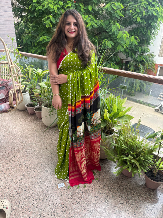 Mehendi green modal silk bandhani sari with pichwai print