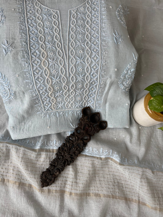 Powder blue premium mull chanderi lucknowi chickenkari with moti work hand embroidery three piece suit