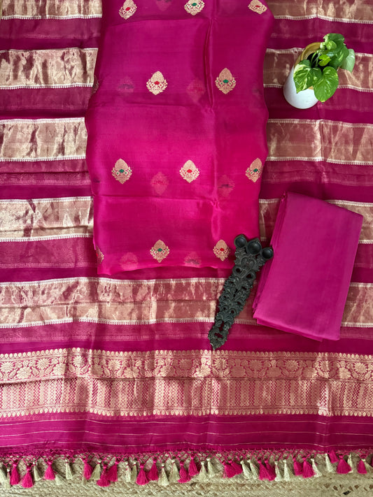 Raspberry Pink kora silk certified handloom banarsi kadwa booti meenakari three piece suit