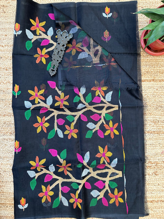 Black handwoven PURE MUSLIN SILK SARI MJS 54