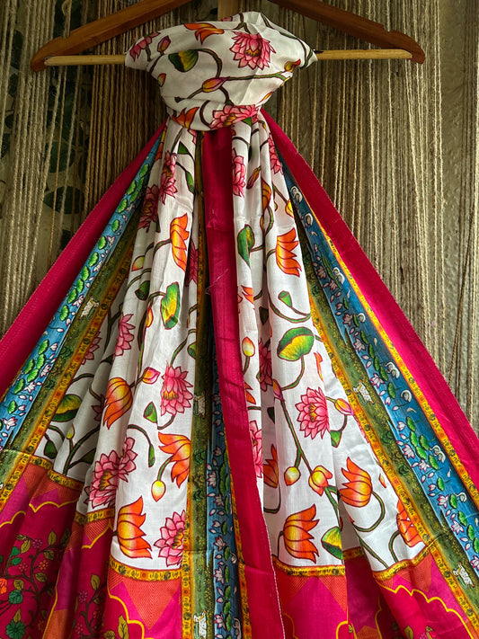 Pink cream Pichwai Modal Silk Dupatta no