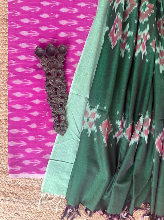 ROSE PINK MERCHANDISE COTTON HANWOVEN KURTA WITH IKKAT PURE COTTON SILK PATOLA HANDWOVEN DUPATTA