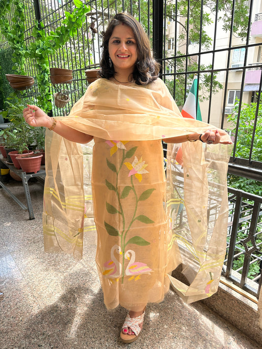 BEIGE GOLDEN HANDWOVEN PURE MUSLIN SILK KURTA SET MJK -28