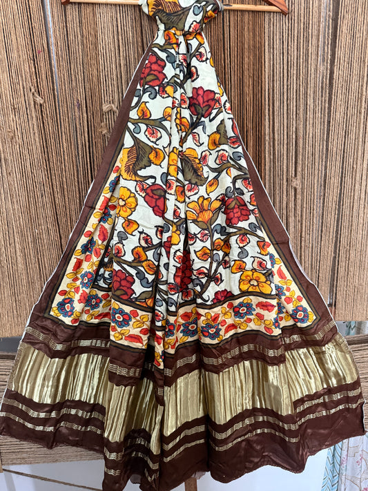 Cream & Brown Handcrafted Kalamkari patola modal silk dupatta