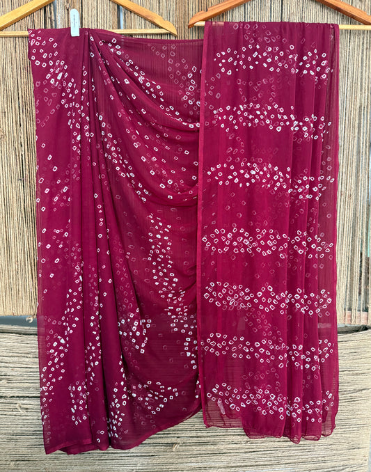 DARK MAROON MULTI LEHERIYA HANDCRAFTED CHIFFON SARI CL -207