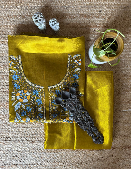 MUSTARD MASHRU SILK HAND EMBROIDERY KASHMIRI HANDEMBROIDERY SOZNI WORK CORD SET Cs- 21