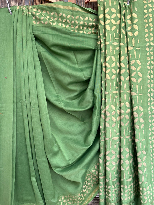 GREEN CHANDERI COTTON SILK HANDCRAFTED APPLIQUE SARI