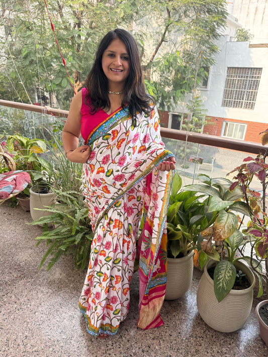 CREAM MAGENTA MODAL SILK PATOLA SARI WITH ZARI BORDER