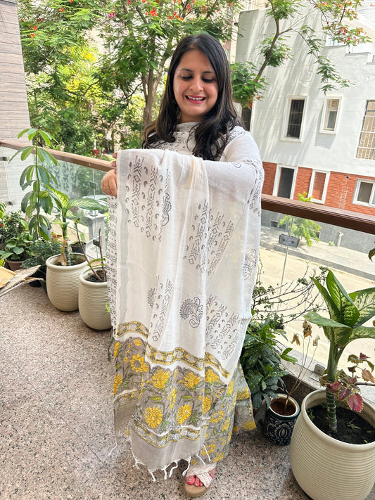 GREY MUSTARD LINEN COTTON HANDBLOCK SUIT SET