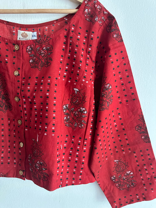 MAROON AJRAKH COTTON BLOUSE BLOUSE WITH WOODEN BUTTON