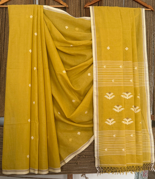NAPLES YELLOW CLASSIC AUTHENTIC HANDWOVEN JAMDANI WEAVING PURE COTTON SARI