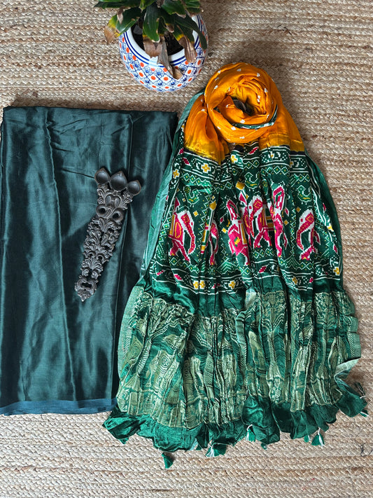 DARK GREEN KURTA WITH BANDHANI PATOLA HANDCRAFTED MODAL SILK DUPATTAS PS-10102