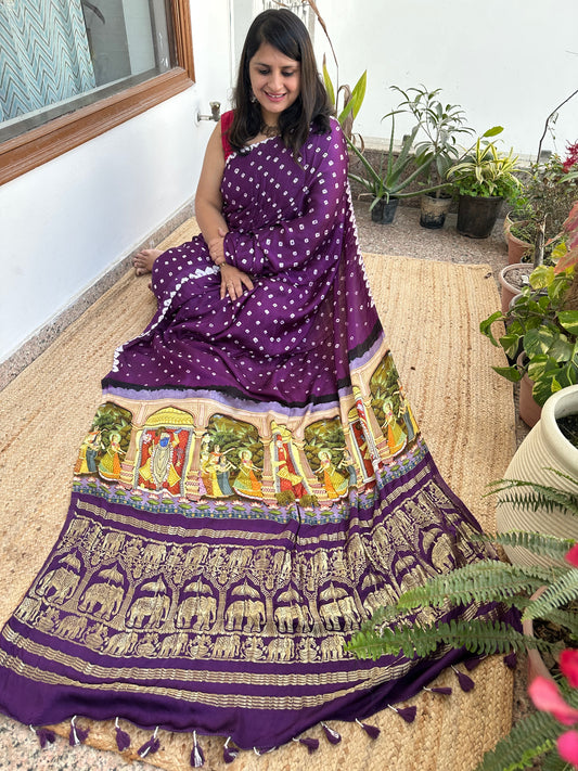 Purple Modal silkBandhani handcrafted with Pichwai Print Sari in Nakshi Elephant Border BPS 12