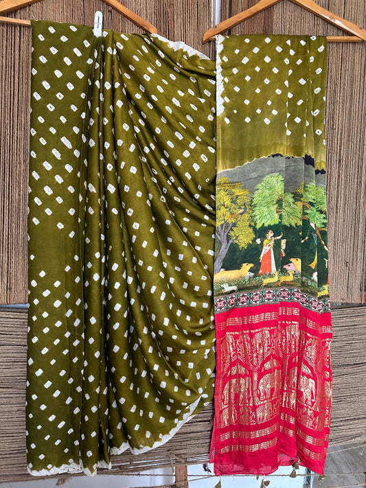 Mehendi green modal silk bandhani sari with pichwai print bps 30