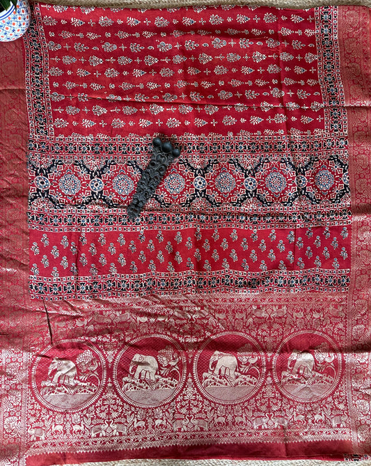 MAROON RED DOLA SILK AJRAKH ZARI BORDER SARI
