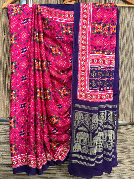 PINK & PURPLE PATOLA MODAL SILK PICHWAI PRINT SARI WITH ZARI BORDER PMS-10156