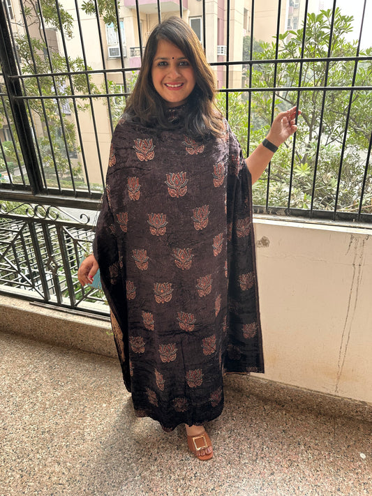 Wine Louts maroon Beautiful handcrafted Ajrakh Silk Velvet Kurta