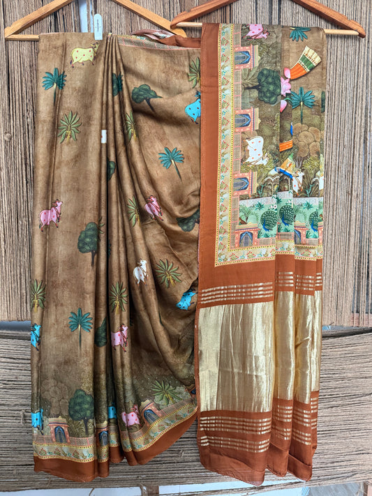 Brown pichwai modal silk print sari with zari border pms- 1036