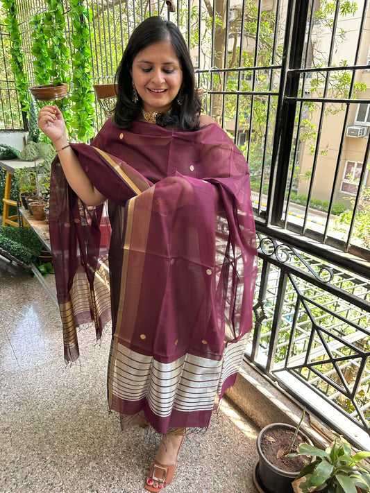 GOLDEN WINE TISSUE MAHESHARI SILK HANDLOOM KURTA SET