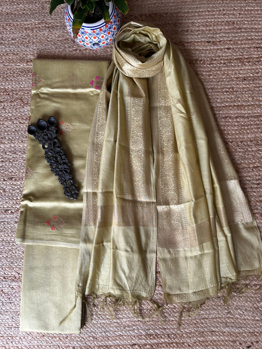 Gin Green Chanderi handloom Banarsi Booti three piece suit